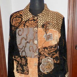 ALLURE LONG SLEEVE BUTTON FRONT BUTTON JACKET * BLACK AND GOLD PRINT * SIZE XL *